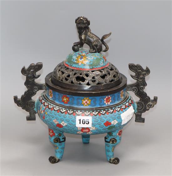 A Chinese bronze and cloisonne enamel tripod censer and cover height 30cm